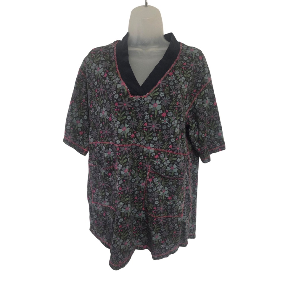 Natural Life Floral V-Neck‎ Tunic Top Short Sleeve Pockets Gray Pink Small
